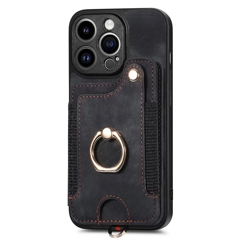 For iPhone 14 Pro Max Card Slots Phone Case Kickstand PU Leather Coated PC+TPU RFID Blocking Cover - Black