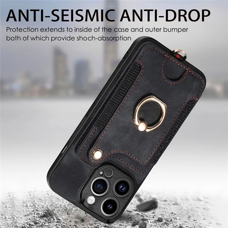 For iPhone 14 Pro Max Card Slots Phone Case Kickstand PU Leather Coated PC+TPU RFID Blocking Cover - Black