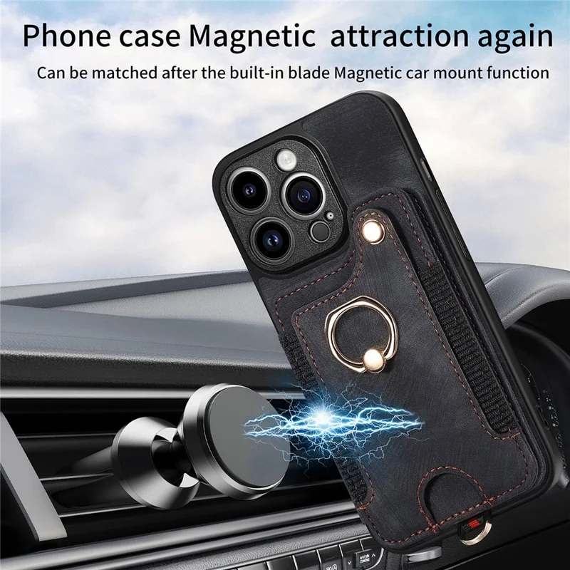 For iPhone 14 Pro Max Card Slots Phone Case Kickstand PU Leather Coated PC+TPU RFID Blocking Cover - Black