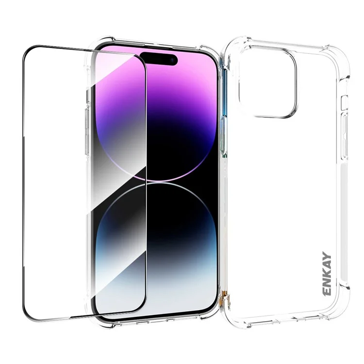 ENKAY HAT PRINCE For iPhone 14 Pro Max TPU Phone Case Anti-drop Clear Cover with High Aluminium-silicon Glass Screen Film