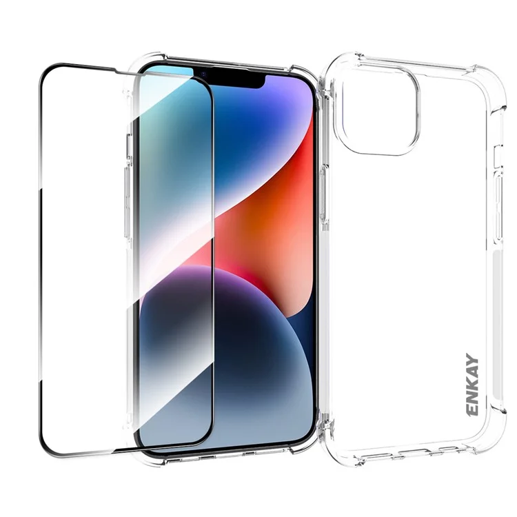 ENKAY HAT PRINCE Funda antigoteo para iPhone 14 Funda transparente de TPU con película de pantalla de vidrio de alta aluminio-silicio
