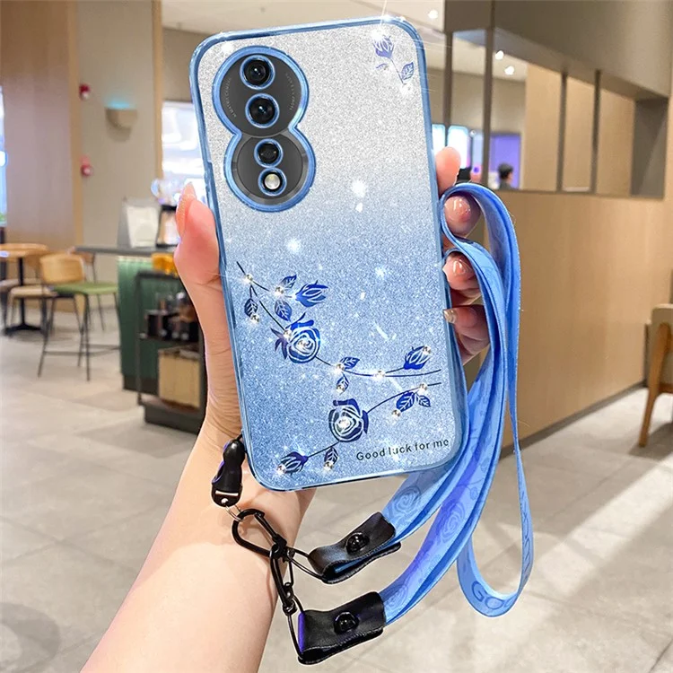 Чехол для телефона KADEM For Honor 90 Градиентный цвет Блестки Кристаллы TPU Пылезащитный чехол с ремешком - Синий