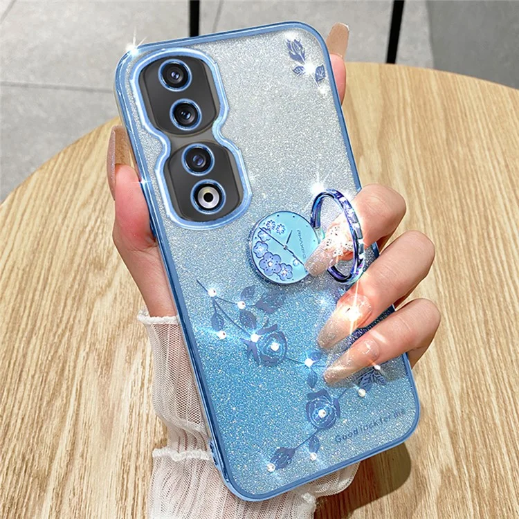Чехол для мобильного телефона KADEM для Honor 90 Pro, с электролитическим покрытием, блестящий градиентный дизайн с кристаллами, цветочный TPU-чехол с подставкой - Rose Gold
