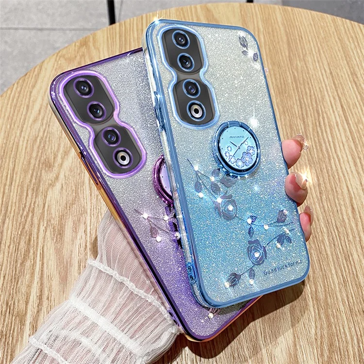 Чехол для мобильного телефона KADEM для Honor 90 Pro, с электролитическим покрытием, блестящий градиентный дизайн с кристаллами, цветочный TPU-чехол с подставкой - Rose Gold