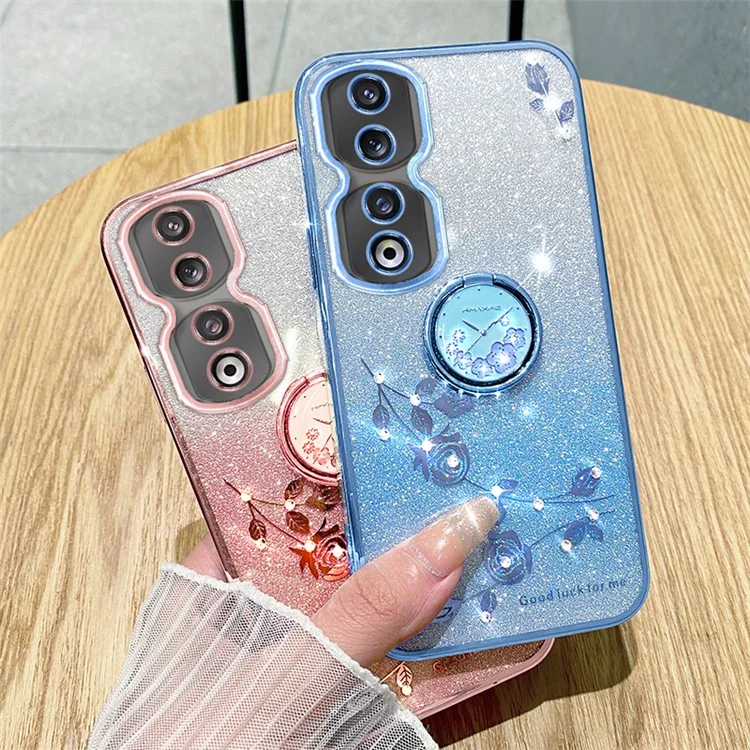 Чехол для мобильного телефона KADEM для Honor 90 Pro, с электролитическим покрытием, блестящий градиентный дизайн с кристаллами, цветочный TPU-чехол с подставкой - Rose Gold