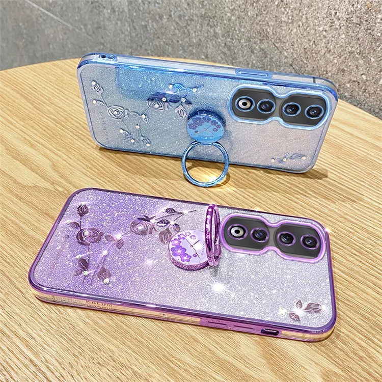 Чехол для мобильного телефона KADEM для Honor 90 Pro, с электролитическим покрытием, блестящий градиентный дизайн с кристаллами, цветочный TPU-чехол с подставкой - Rose Gold