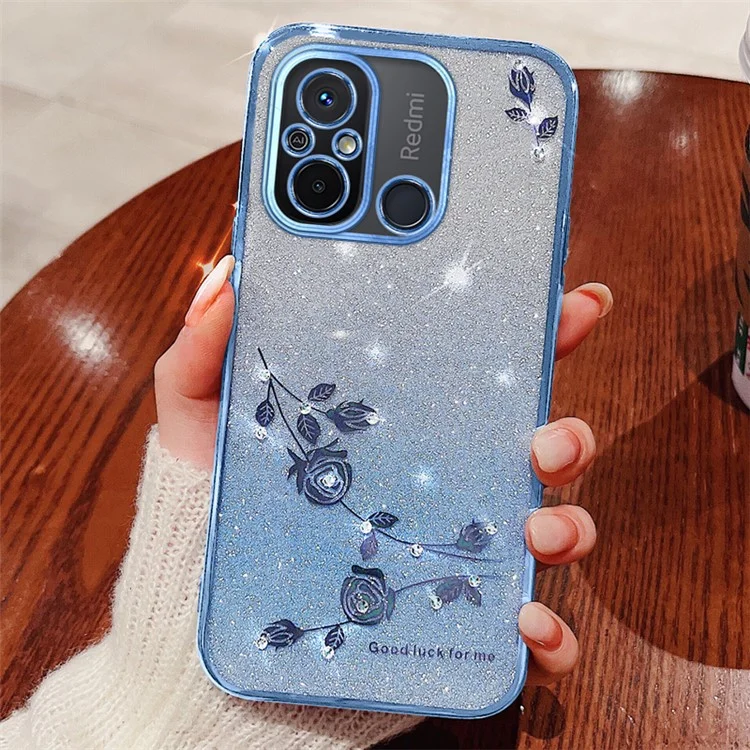 KADEM For Xiaomi Redmi 12C 4G / 11A 4G / Poco C55 4G Phone Cover Flower Rhinestone Gradient Glitter TPU Case - Blue