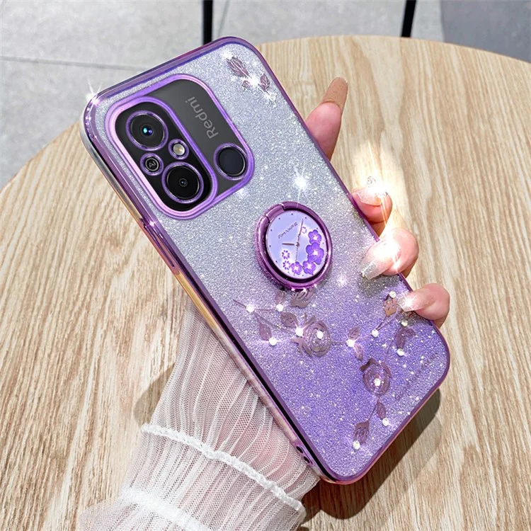 Coque de téléphone électrolytique KADEM pour Xiaomi Redmi 12C 4G / 11A 4G / Poco C55 4G avec paillettes, dégradé de couleur et fleurs en strass en TPU avec support - Violet