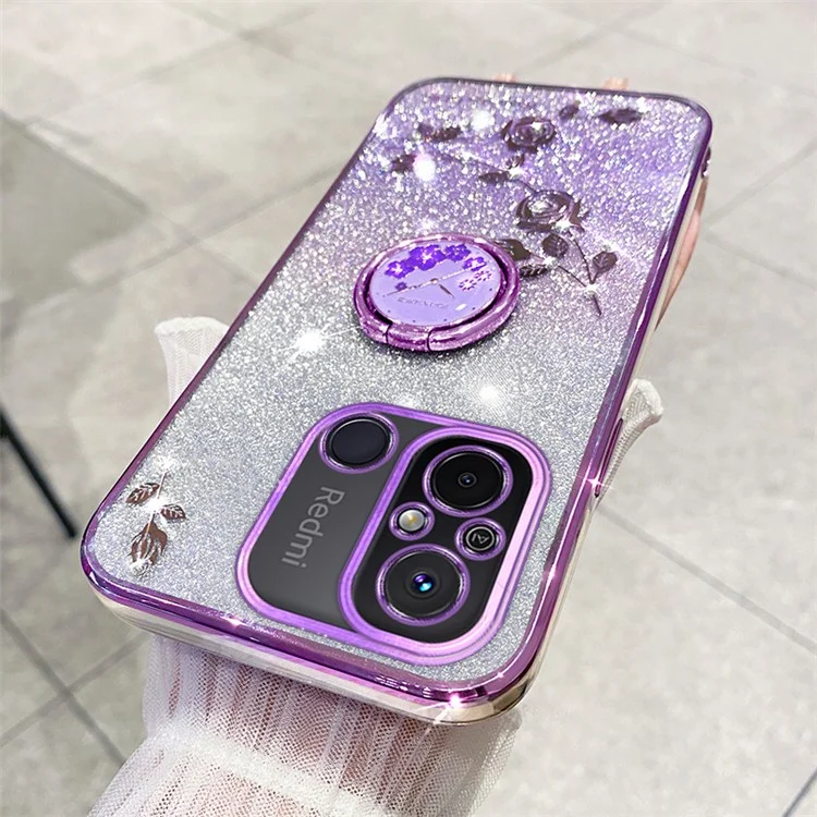 Coque de téléphone électrolytique KADEM pour Xiaomi Redmi 12C 4G / 11A 4G / Poco C55 4G avec paillettes, dégradé de couleur et fleurs en strass en TPU avec support - Violet