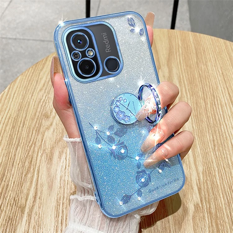 Coque de téléphone électrolytique KADEM pour Xiaomi Redmi 12C 4G / 11A 4G / Poco C55 4G avec paillettes, dégradé de couleur et fleurs en strass en TPU avec support - Violet