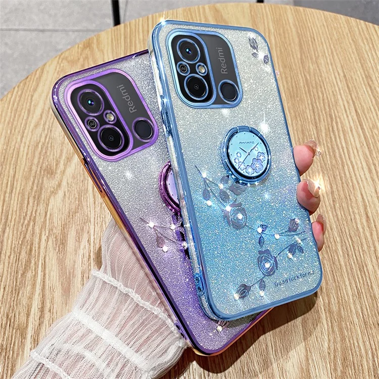 Coque de téléphone électrolytique KADEM pour Xiaomi Redmi 12C 4G / 11A 4G / Poco C55 4G avec paillettes, dégradé de couleur et fleurs en strass en TPU avec support - Violet