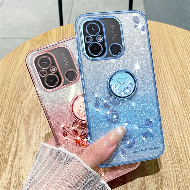 Coque de téléphone électrolytique KADEM pour Xiaomi Redmi 12C 4G / 11A 4G / Poco C55 4G avec paillettes, dégradé de couleur et fleurs en strass en TPU avec support - Violet