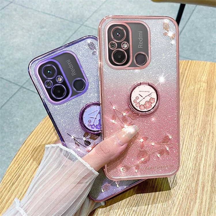 Coque de téléphone électrolytique KADEM pour Xiaomi Redmi 12C 4G / 11A 4G / Poco C55 4G avec paillettes, dégradé de couleur et fleurs en strass en TPU avec support - Violet