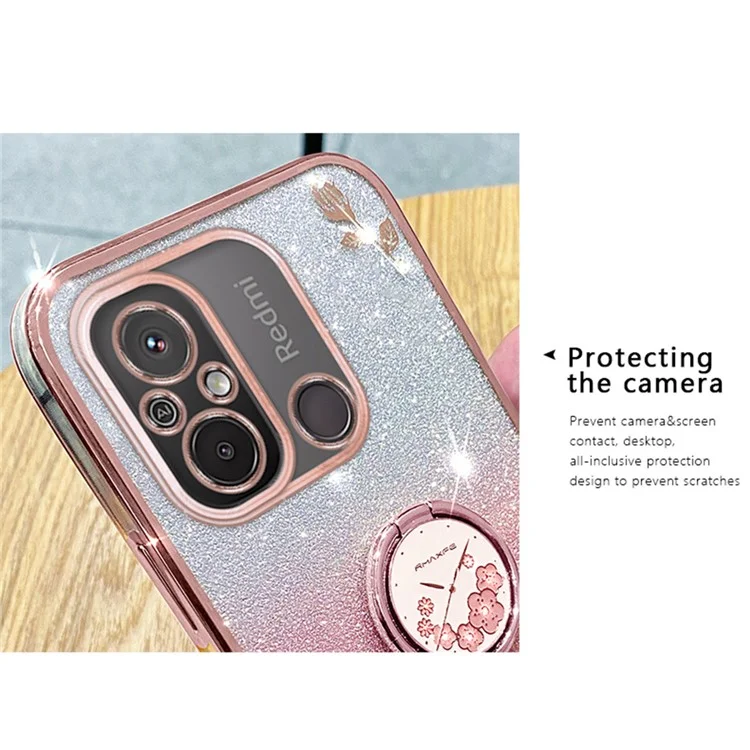 Coque de téléphone électrolytique KADEM pour Xiaomi Redmi 12C 4G / 11A 4G / Poco C55 4G avec paillettes, dégradé de couleur et fleurs en strass en TPU avec support - Violet