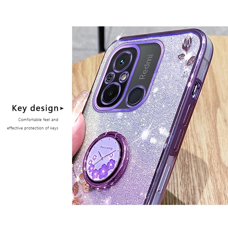 Coque de téléphone électrolytique KADEM pour Xiaomi Redmi 12C 4G / 11A 4G / Poco C55 4G avec paillettes, dégradé de couleur et fleurs en strass en TPU avec support - Violet