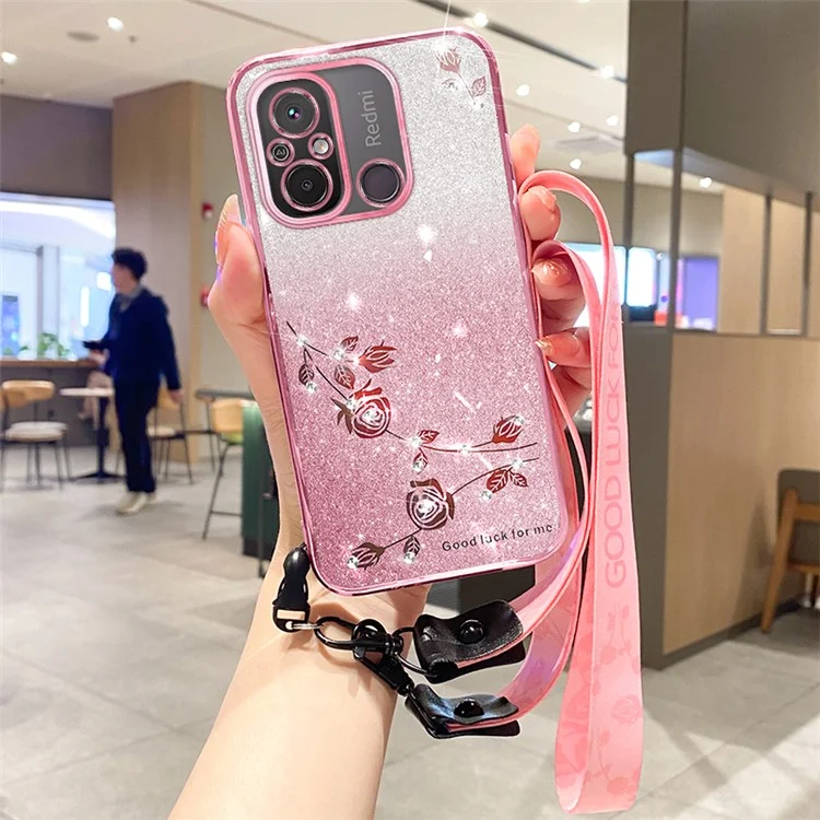 KADEM For Xiaomi Redmi 12C 4G / 11A 4G / Poco C55 4G Anti-Dust Gradient Phone Case Glitter Rhinestone TPU Cover - Rose Gold