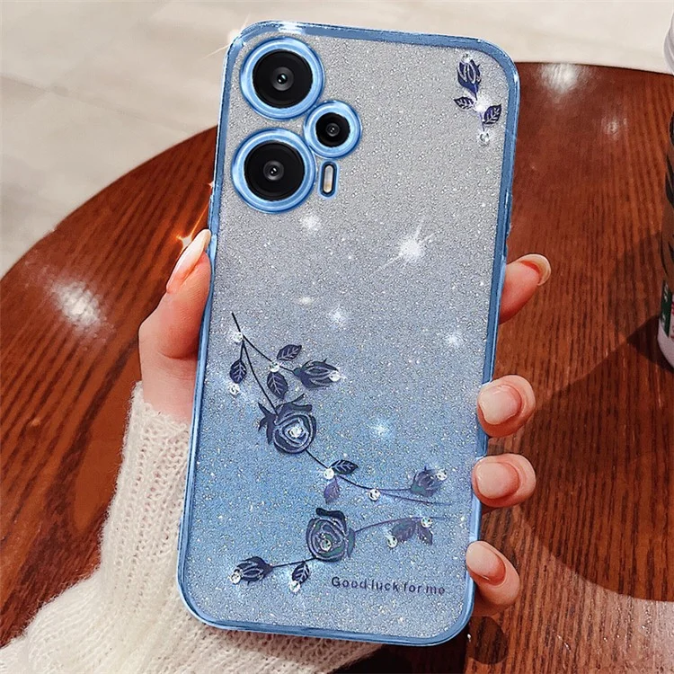 KADEM per Xiaomi Redmi Note 12 Turbo / Poco F5 5G Custodia per telefono in TPU con fiori, strass e gradiente glitterato - Blu