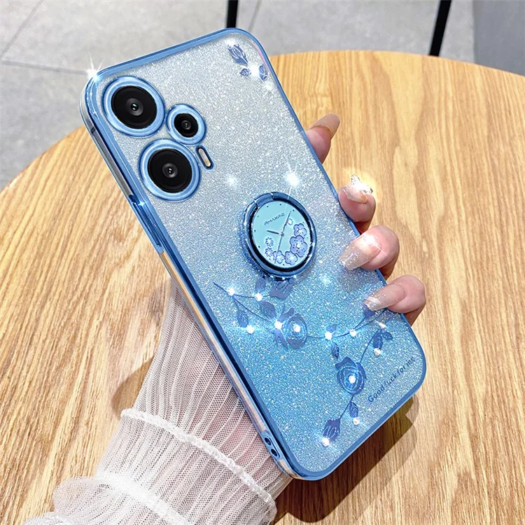KADEM Für Xiaomi Redmi Note 12 Turbo / Poco F5 5G Glitzer Farbverlauf Rhinestone Blume Galvanisierung Handyhülle TPU-Gehäuse mit Ständer - Blau