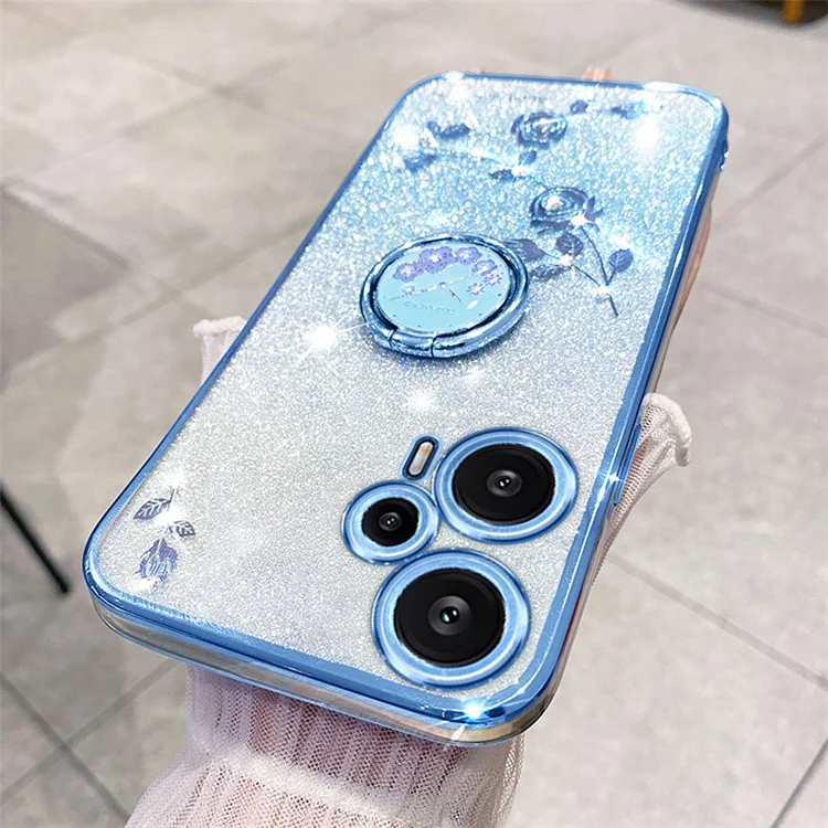 KADEM Für Xiaomi Redmi Note 12 Turbo / Poco F5 5G Glitzer Farbverlauf Rhinestone Blume Galvanisierung Handyhülle TPU-Gehäuse mit Ständer - Blau