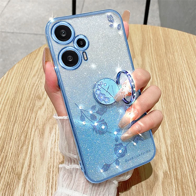 KADEM Für Xiaomi Redmi Note 12 Turbo / Poco F5 5G Glitzer Farbverlauf Rhinestone Blume Galvanisierung Handyhülle TPU-Gehäuse mit Ständer - Blau