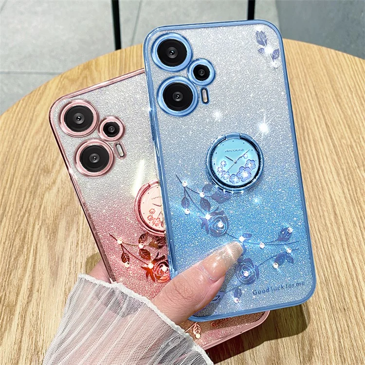 KADEM Für Xiaomi Redmi Note 12 Turbo / Poco F5 5G Glitzer Farbverlauf Rhinestone Blume Galvanisierung Handyhülle TPU-Gehäuse mit Ständer - Blau