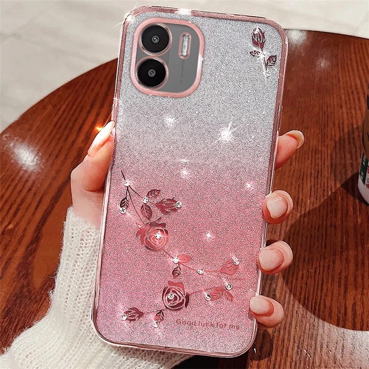 KADEM Pour Xiaomi Redmi A1 4G / A2 4G Étui de Téléphone TPU Fleur Strass Dégradé Paillettes Protection Anti-Chute - Rose Gold