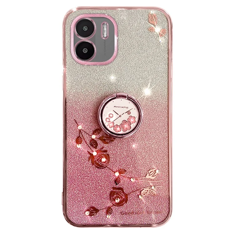 KADEM Kickstand Shell per Xiaomi Redmi A1 4G / A2 4G Glitter Gradient Rhinestone Flower Phone Cover TPU Electroplating Case - Rose Gold