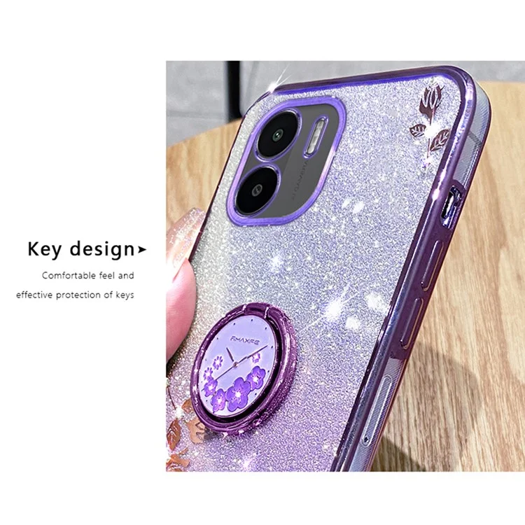 KADEM Kickstand Shell per Xiaomi Redmi A1 4G / A2 4G Glitter Gradient Rhinestone Flower Phone Cover TPU Electroplating Case - Rose Gold
