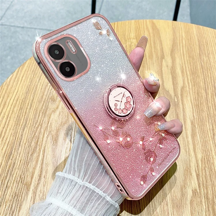 KADEM Kickstand Shell per Xiaomi Redmi A1 4G / A2 4G Glitter Gradient Rhinestone Flower Phone Cover TPU Electroplating Case - Rose Gold