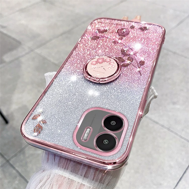 KADEM Kickstand Shell per Xiaomi Redmi A1 4G / A2 4G Glitter Gradient Rhinestone Flower Phone Cover TPU Electroplating Case - Rose Gold