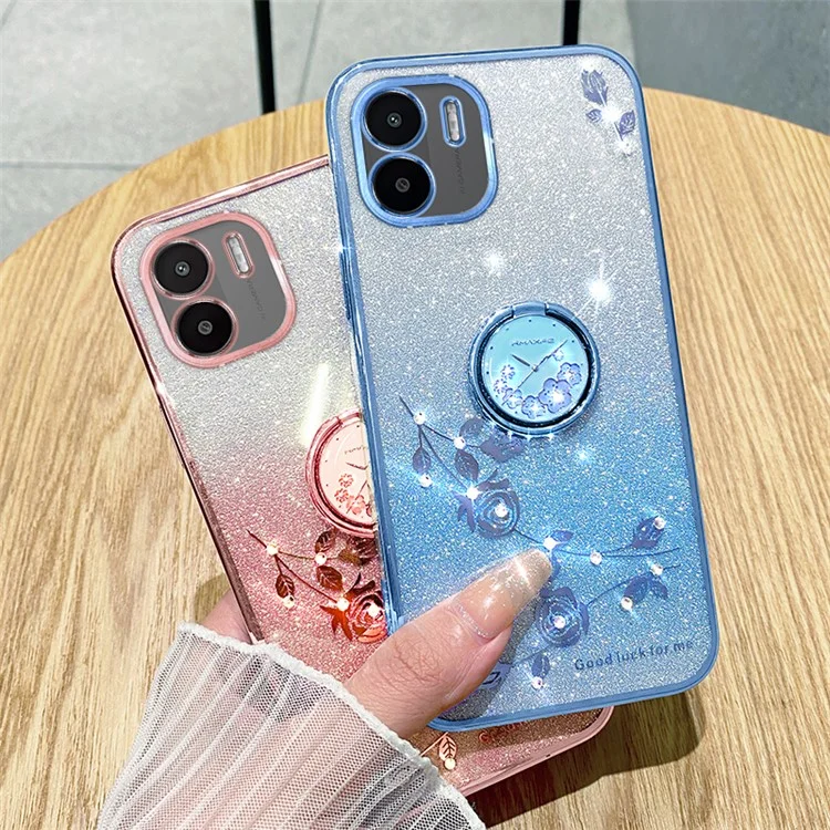 KADEM Kickstand Shell per Xiaomi Redmi A1 4G / A2 4G Glitter Gradient Rhinestone Flower Phone Cover TPU Electroplating Case - Rose Gold
