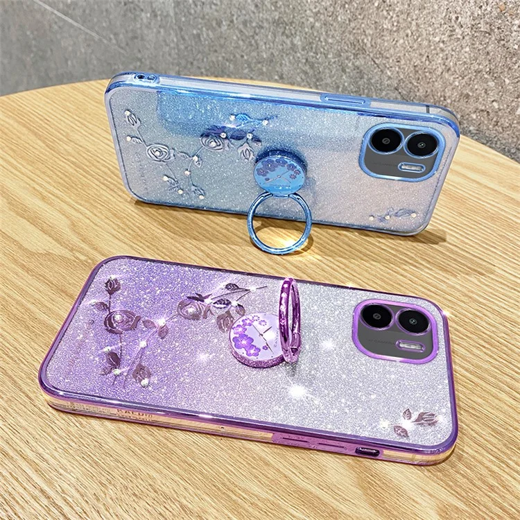 KADEM Kickstand Shell per Xiaomi Redmi A1 4G / A2 4G Glitter Gradient Rhinestone Flower Phone Cover TPU Electroplating Case - Rose Gold