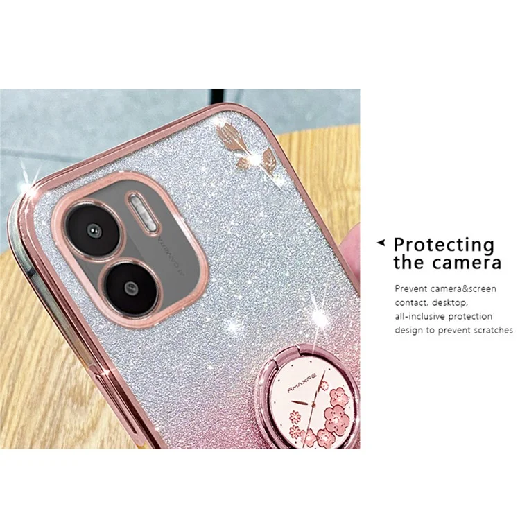KADEM Kickstand Shell per Xiaomi Redmi A1 4G / A2 4G Glitter Gradient Rhinestone Flower Phone Cover TPU Electroplating Case - Rose Gold