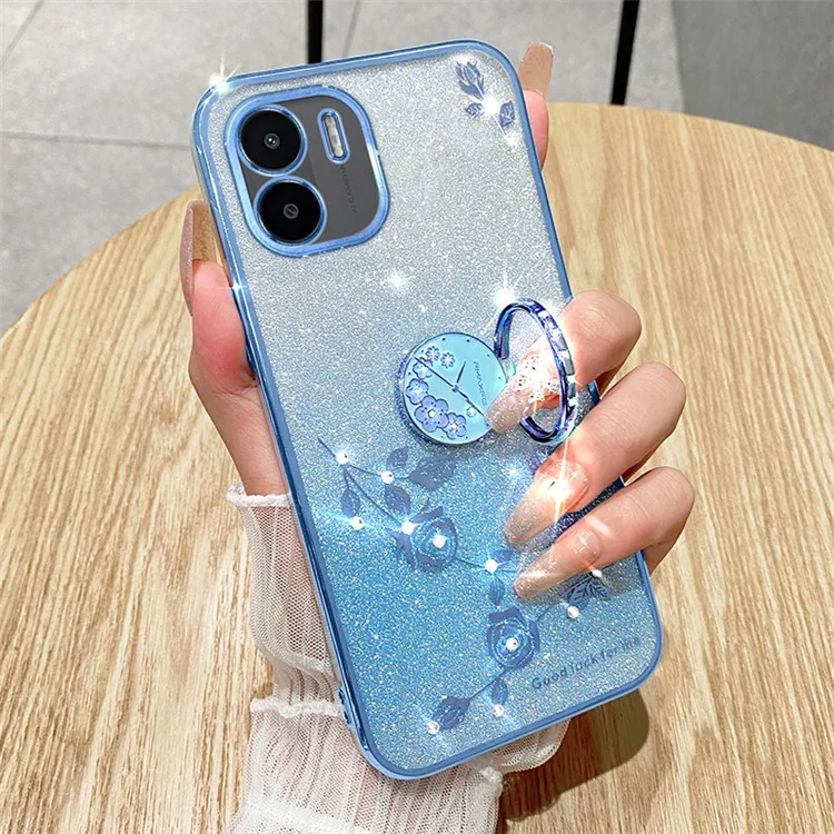 KADEM Kickstand Shell for Xiaomi Redmi A1 4G / A2 4G Glitter Gradient Rhinestone Flower Phone Cover TPU Electroplating Case - Blue