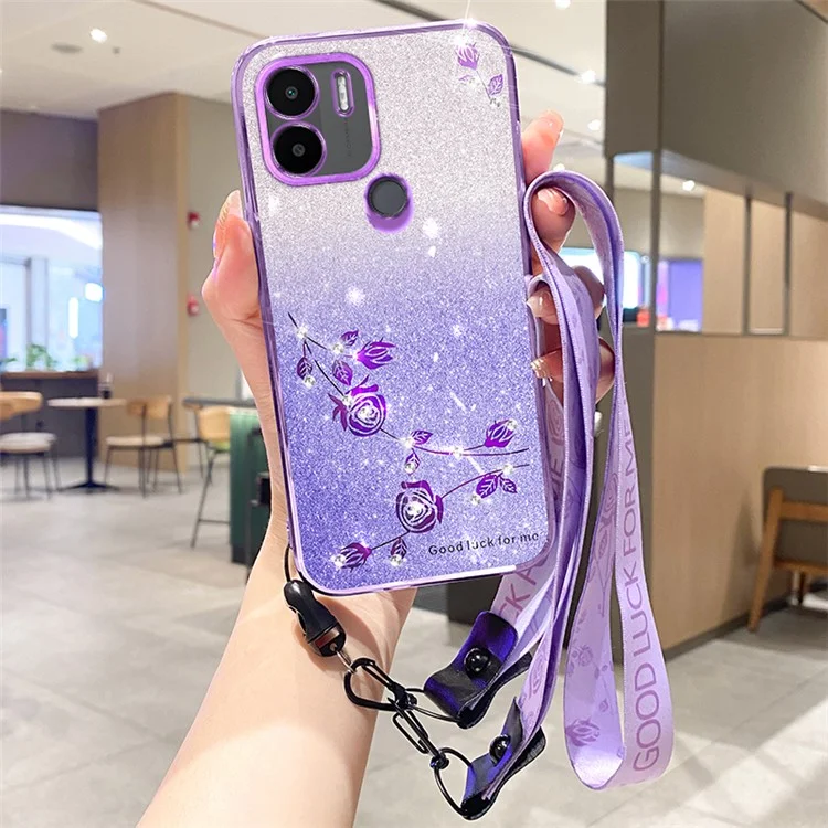 KADEM Glitter Rhinestone TPU Phone Case Xiaomi Redmi A1+ 4G / A2+ 4G / Poco C50 4G Gradient Color Phone Shell Cover with Strap - Purple