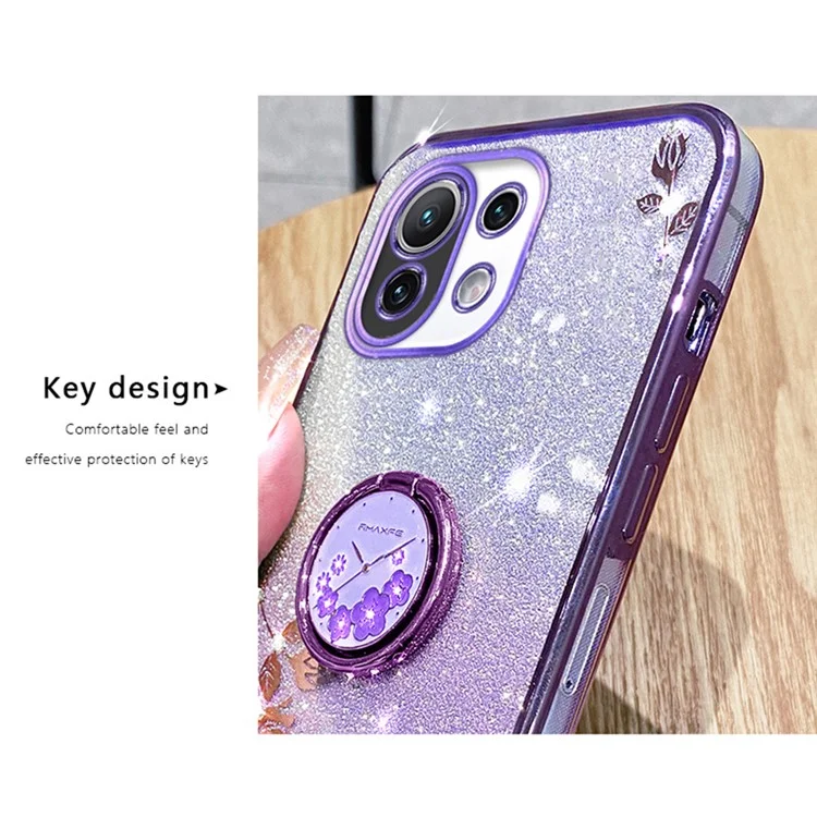 KADEM For Xiaomi Mi 11 Lite 4G / 5G / 11 Lite 5G NE Kickstand Phone Case Rhinestone Flower TPU Cover - Rose Gold