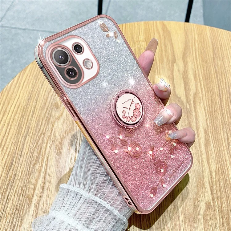 KADEM For Xiaomi Mi 11 Lite 4G / 5G / 11 Lite 5G NE Kickstand Phone Case Rhinestone Flower TPU Cover - Rose Gold