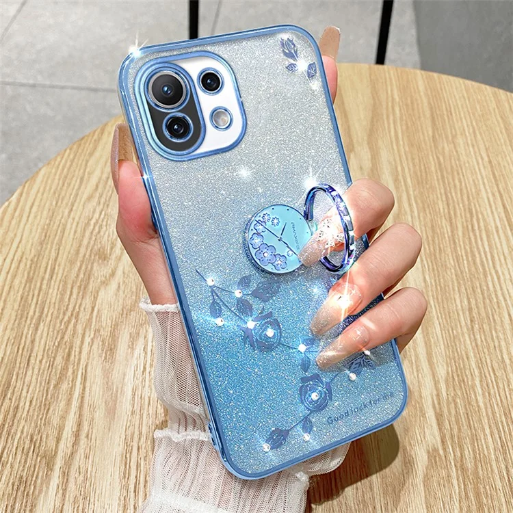 KADEM For Xiaomi Mi 11 Lite 4G / 5G / 11 Lite 5G NE Kickstand Phone Case Rhinestone Flower TPU Cover - Rose Gold