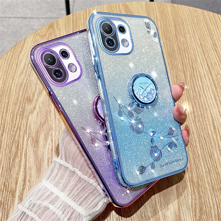 KADEM For Xiaomi Mi 11 Lite 4G / 5G / 11 Lite 5G NE Kickstand Phone Case Rhinestone Flower TPU Cover - Rose Gold