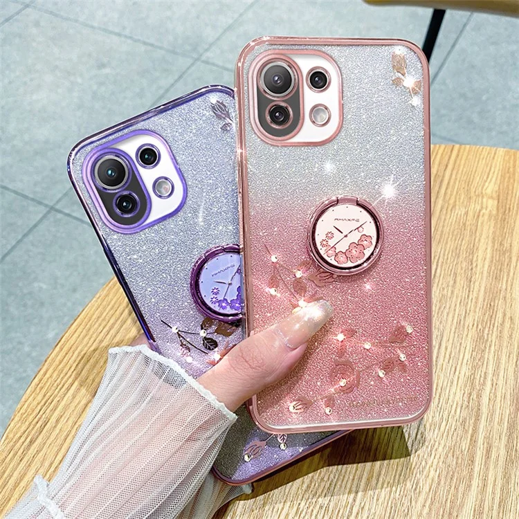 KADEM For Xiaomi Mi 11 Lite 4G / 5G / 11 Lite 5G NE Kickstand Phone Case Rhinestone Flower TPU Cover - Rose Gold