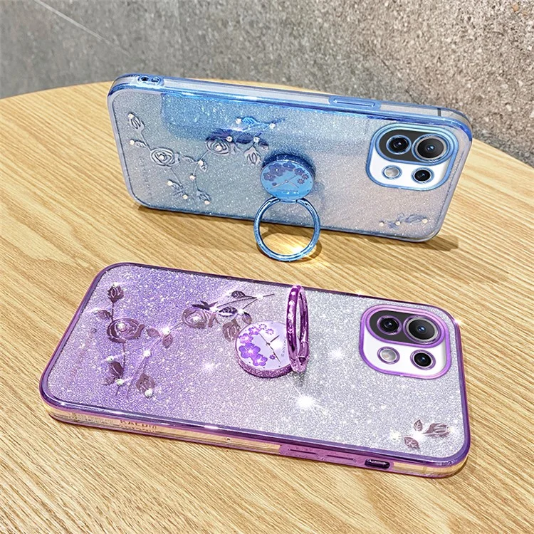 KADEM For Xiaomi Mi 11 Lite 4G / 5G / 11 Lite 5G NE Kickstand Phone Case Rhinestone Flower TPU Cover - Rose Gold