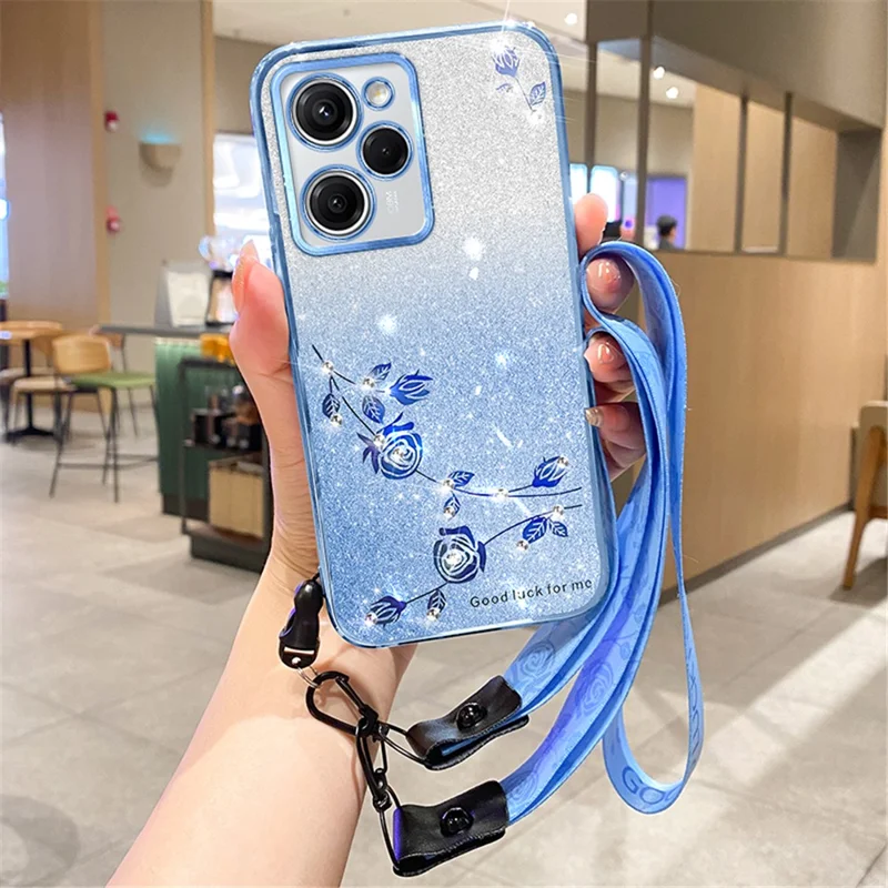 KADEM Für Xiaomi Poco X5 Pro 5G / Redmi Note 12 Pro Speed 5G Glitzer Strass Verlauf TPU Handyhülle mit Strap - Blau