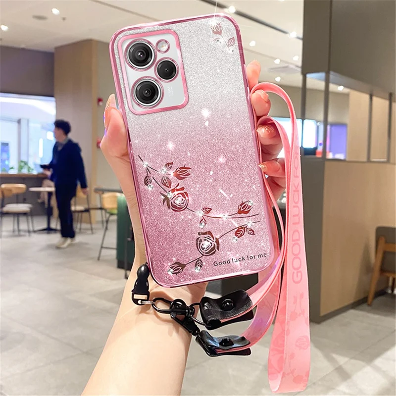 KADEM для Xiaomi Poco X5 Pro 5G / Redmi Note 12 Pro Speed 5G Блестящий ТПУ чехол для телефона с камнями и градиентным покрытием, с ремешком — розовое золото