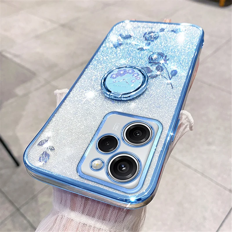KADEM pour Xiaomi Poco X5 Pro 5G / Note 12 Pro Speed 5G Étui Antichoc à Fleurs Strass avec Support Anneau TPU - Bleu