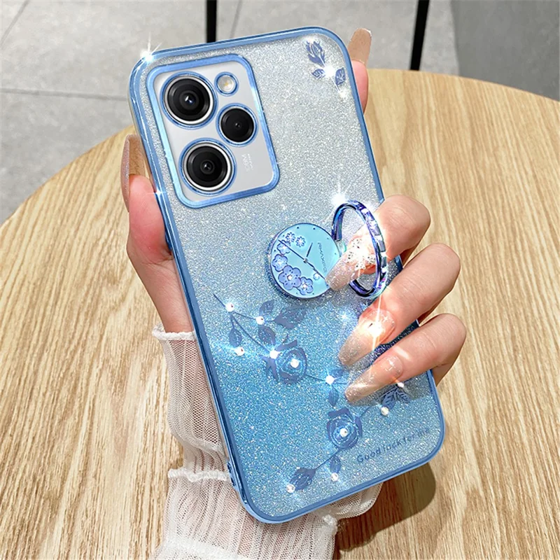 KADEM pour Xiaomi Poco X5 Pro 5G / Note 12 Pro Speed 5G Étui Antichoc à Fleurs Strass avec Support Anneau TPU - Bleu