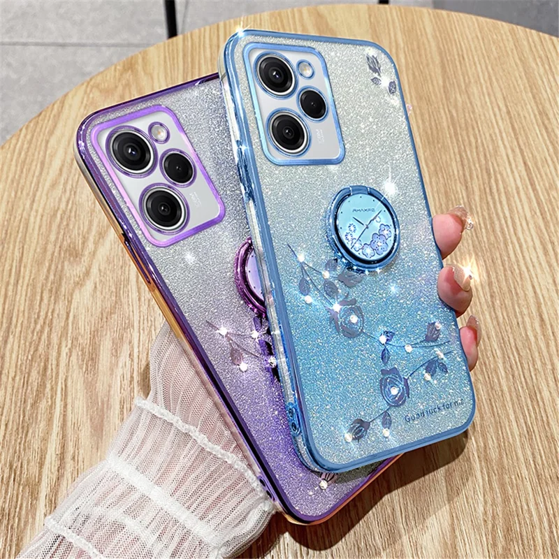 KADEM pour Xiaomi Poco X5 Pro 5G / Note 12 Pro Speed 5G Étui Antichoc à Fleurs Strass avec Support Anneau TPU - Bleu