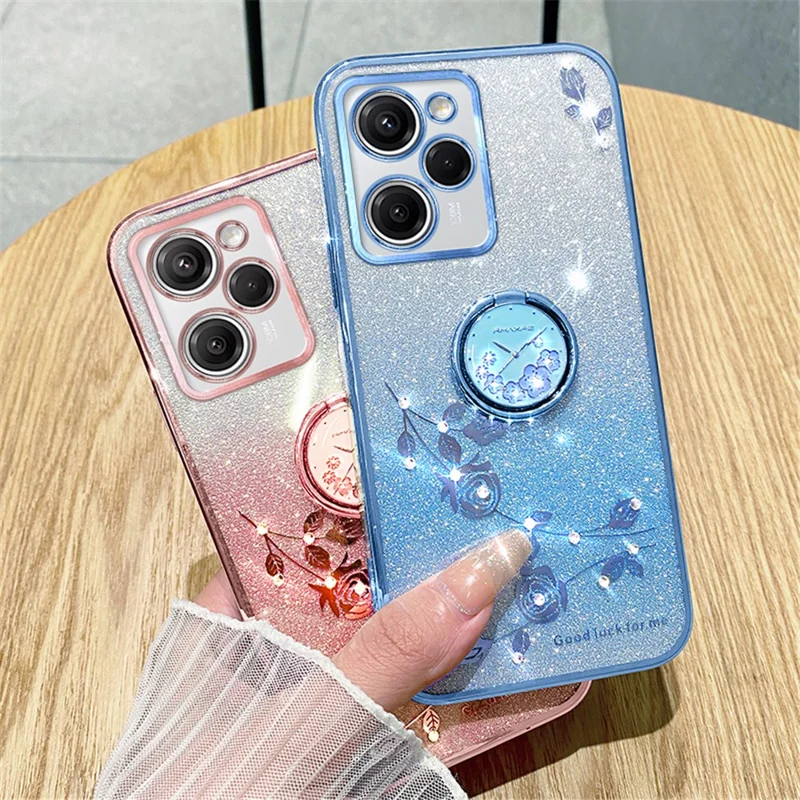 KADEM pour Xiaomi Poco X5 Pro 5G / Note 12 Pro Speed 5G Étui Antichoc à Fleurs Strass avec Support Anneau TPU - Bleu