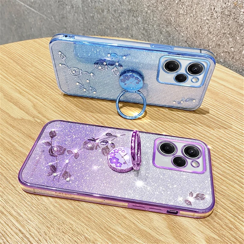 KADEM pour Xiaomi Poco X5 Pro 5G / Note 12 Pro Speed 5G Étui Antichoc à Fleurs Strass avec Support Anneau TPU - Bleu