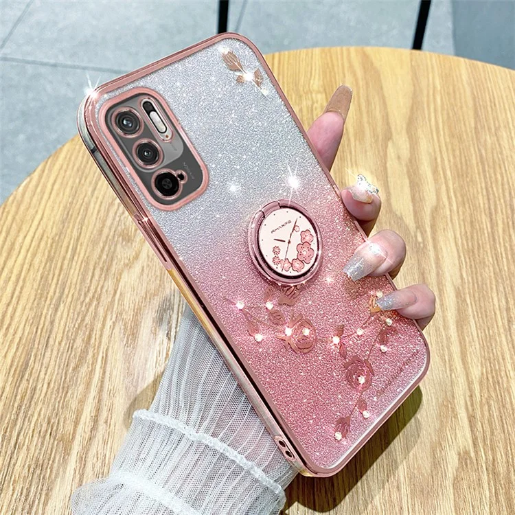 KADEM Protective Case for Xiaomi Redmi Note 10 5G Kickstand Phone Shell Rhinestone Flower TPU Cover - Rose Gold