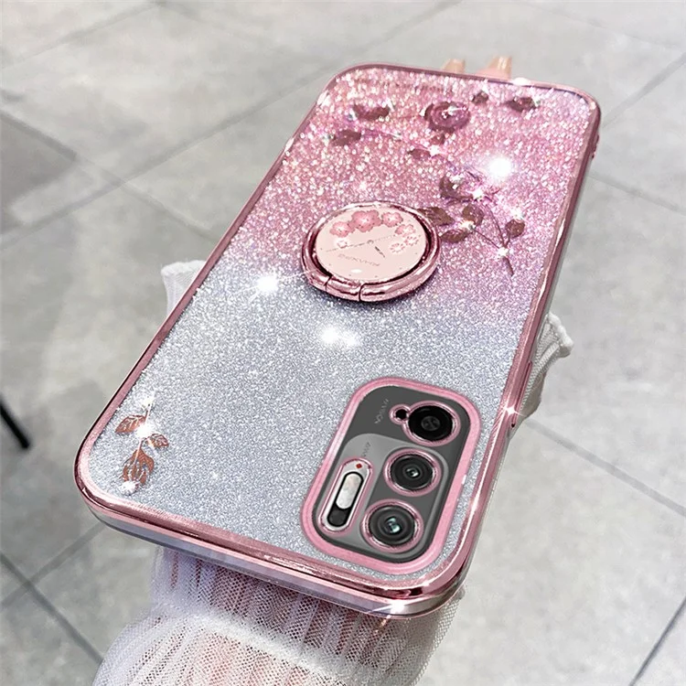 KADEM Protective Case for Xiaomi Redmi Note 10 5G Kickstand Phone Shell Rhinestone Flower TPU Cover - Rose Gold